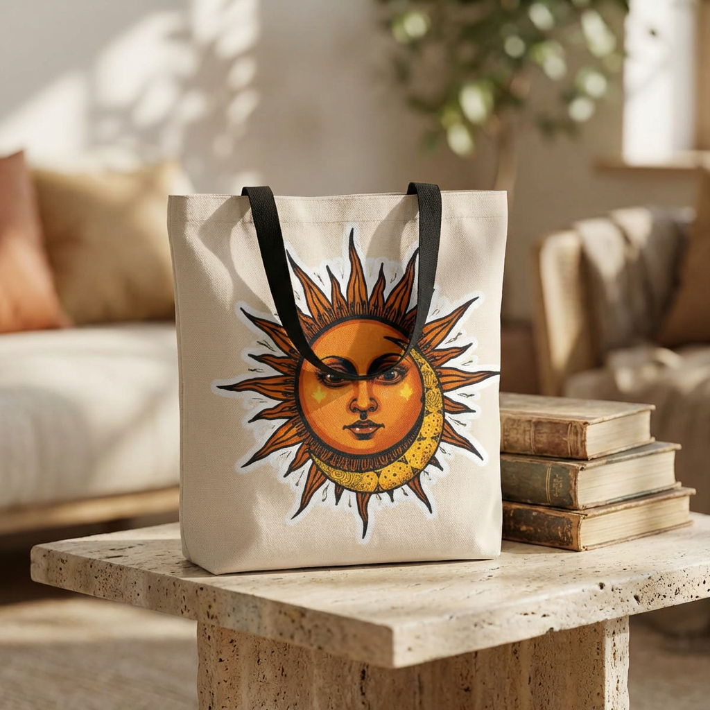 Sun Moon Face Tote Bag | Sol y Luna Canvas Tote | Chicana Celestial Bag