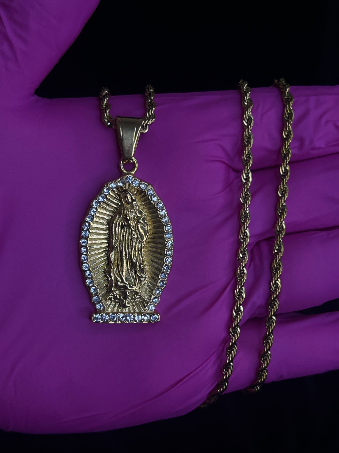 Virgen de Guadalupe Necklace | 24K Gold Plated Rope Chain | Chicana Religious Jewelry