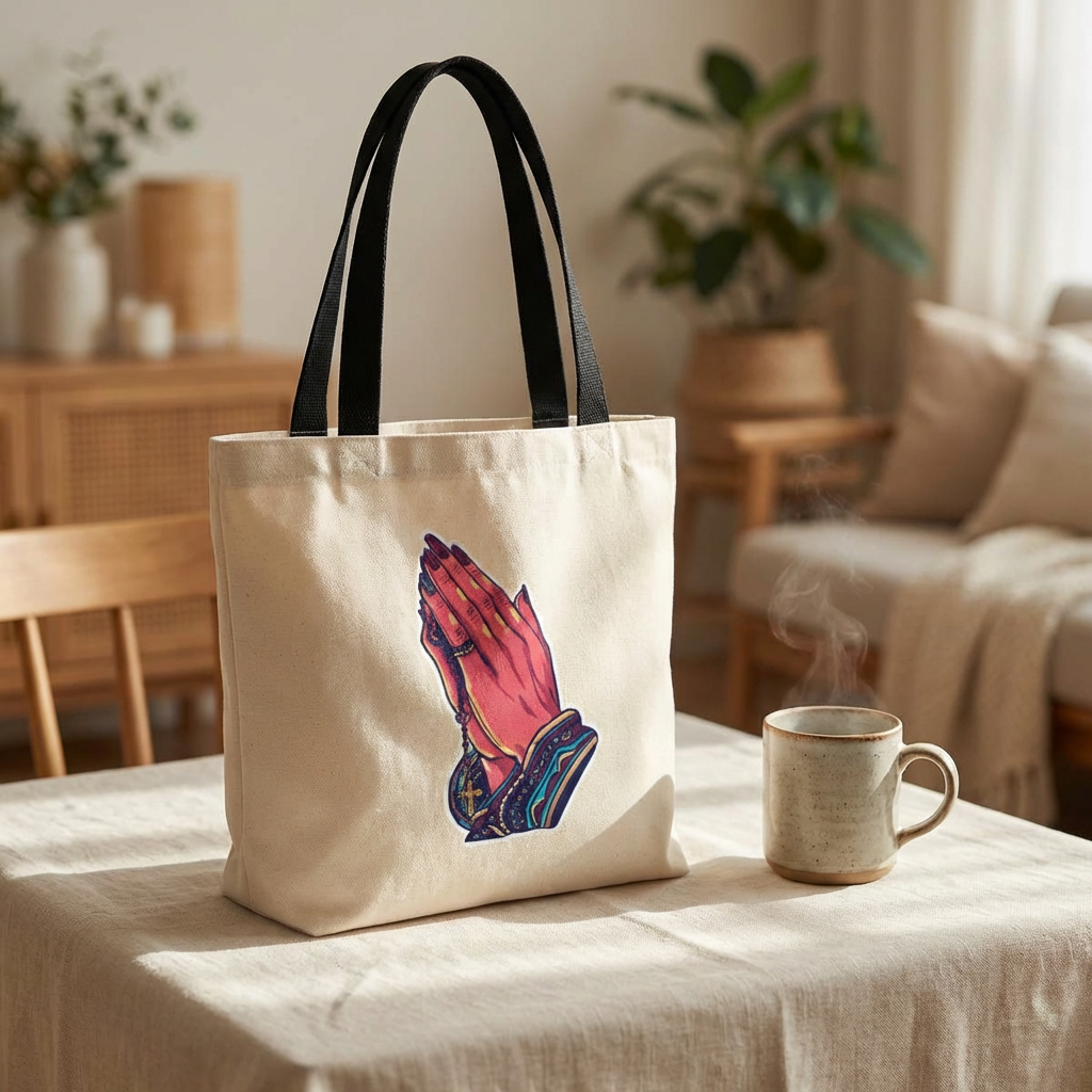 Praying Hands Tote Bag | Rosary Canvas Tote | Chicana Faith Tote