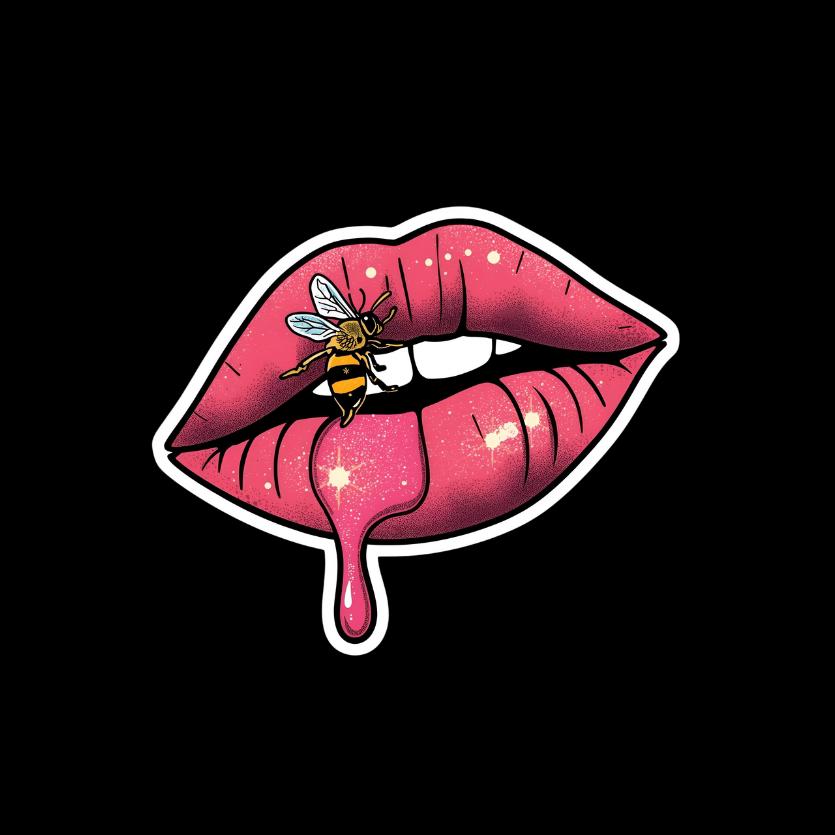 Sparkly Glossy Lips with a Bumble Bee Kiss-Cut Stickers, Lipstick Kiss Bumblebee Decals, Honeybee Sticker Set, Lip Print Laptop Decal, Cute