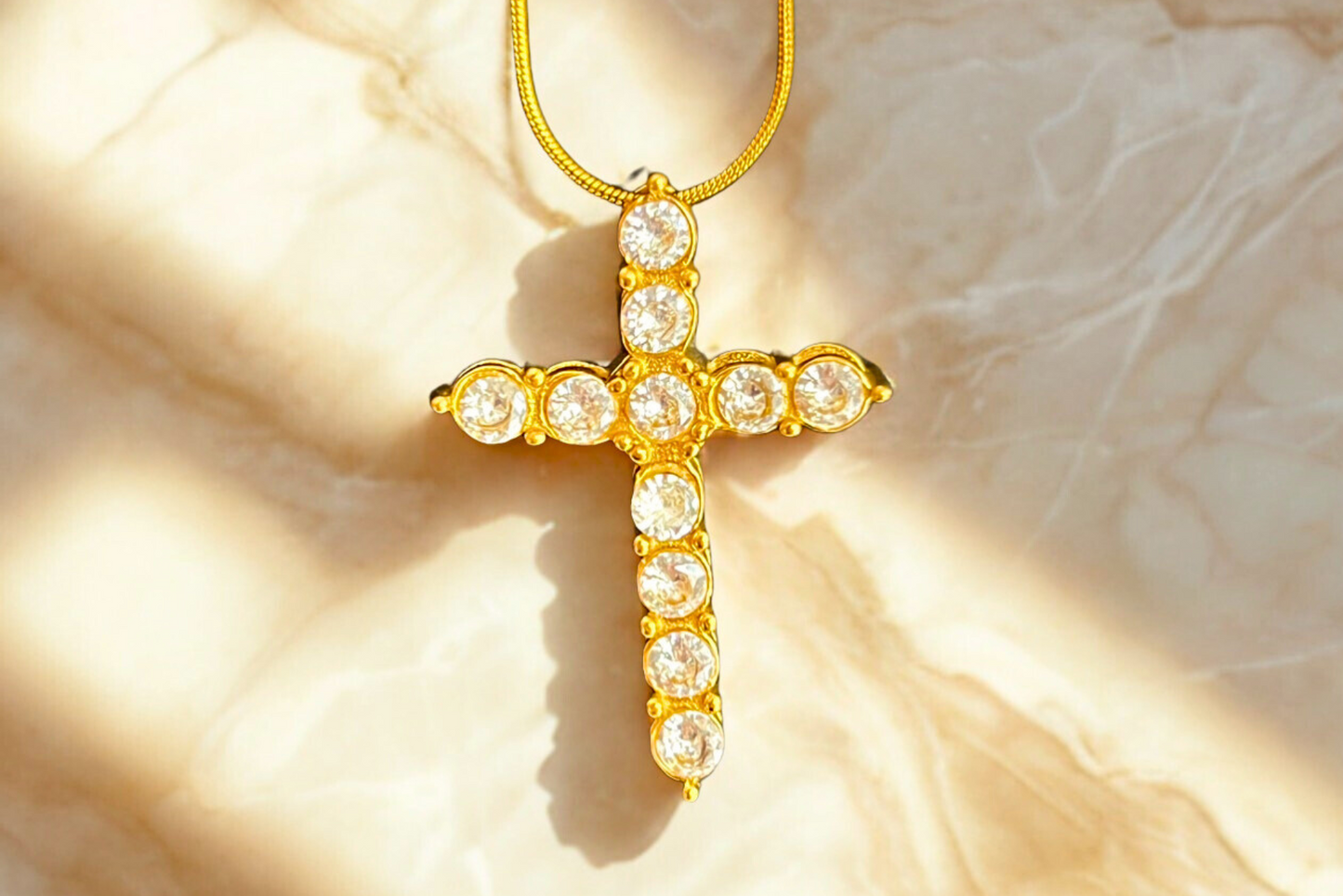 Gold Crystal Cross Necklace | 18K Gold Plated | Dainty Religious Jewelry | Chicana Style